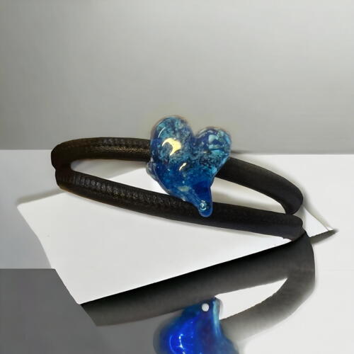 Double leather bracelet with handmade forget me not heart